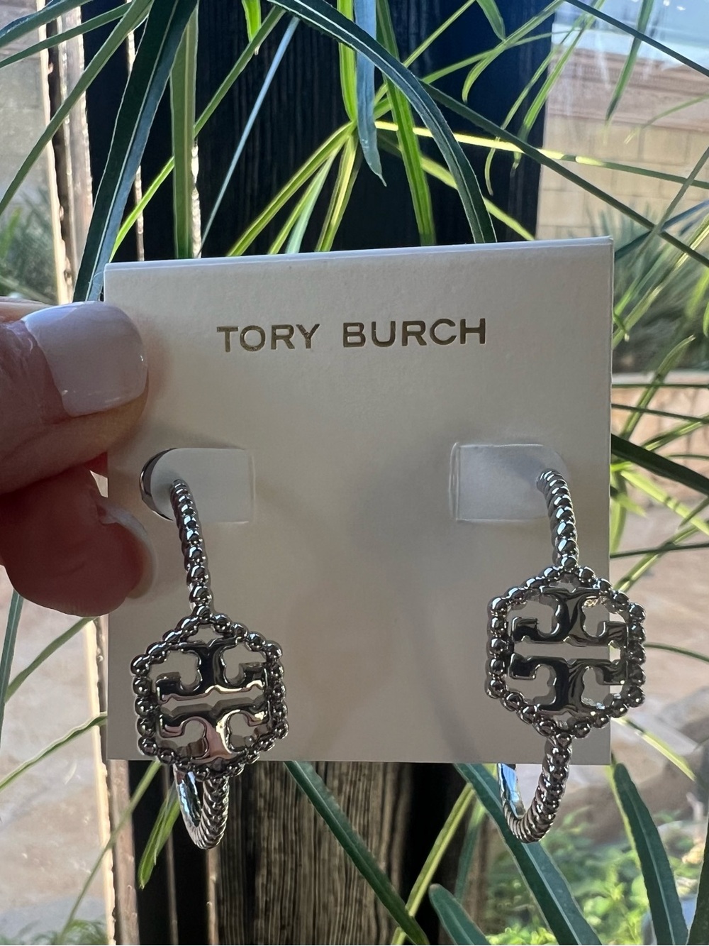 Tory Burch Silver Braided Hoop Earrings with Logo Medallions